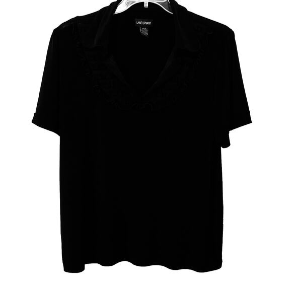 LANE BRYANT SHORT SLEEVE RUFFLED V-NECKLINE BLOUSE, 18/20, BLACK, POINTED COLLAR - Picture 1 of 10